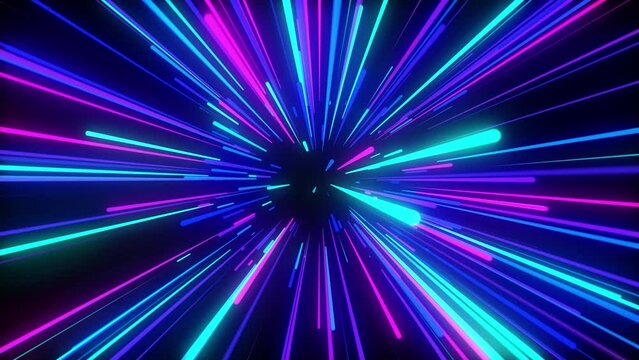 Animowany tunel świateł, kosmiczna podróż  z neonowymi światłami, hiper prędkość w pętli