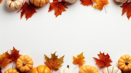 Fall background with orange pumpkins and fall leaves on a light surface