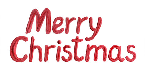 Hand drawing Merry Christmas funny red text on white. Painting acrylic, oil paint or gouache matte simple doodle letters text. Brush stroke impasto kid style texture for cards, banners and background