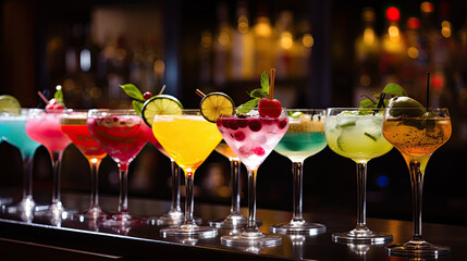  set of Alcoholic cocktails, Variety of alcoholic drinks and multi colored cocktails on the reflective surface of bar counter,Panorama banner with an assortment of colorful exotic alcoholic cocktail	