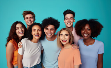 Group portrait of happy, smiling mixed race multi ethnic friends. Cheerful young diverse people with toothy smiles having photoshoot and looking at camera against blue studio background.