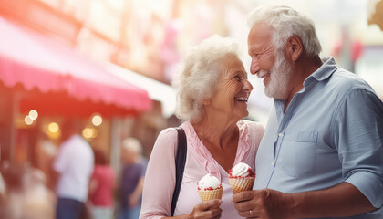 Old woman and man eating ice cream in amusement park ,concept carnival