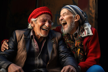 Portrait of two elderly men sitting and laughing together. Friendship and senior concept.