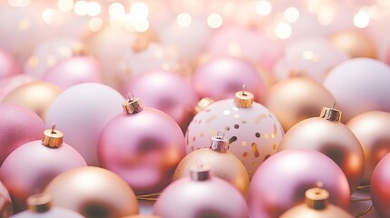 Elegant holiday decor with pink and gold Christmas ornaments on a soft blurry background