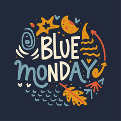 Blue Monday Typography and elements design for T shirt, poster, and print