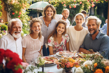 Multi-generation family on outdoor summer garden party, having lunch and celebrating birthday. - obrazy, fototapety, plakaty