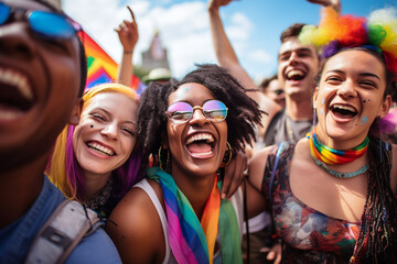 Fototapeta premium Joyful celebration of diversity at a pride event: Diverse group of people from various cultural backgrounds celebrating together in a vibrant, inclusive atmosphere