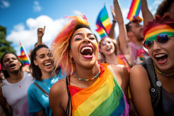 Joyful celebration of diversity at a pride event: Diverse group of people from various cultural backgrounds celebrating together in a vibrant, inclusive atmosphere