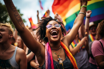 Joyful celebration of diversity at a pride event: Diverse group of people from various cultural backgrounds celebrating together in a vibrant, inclusive atmosphere - obrazy, fototapety, plakaty