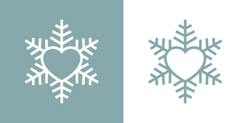 Tiempo de Navidad. Silueta lineal de copo de nieve con corazón para su uso en invitaciones y tarjetas - obrazy, fototapety, plakaty