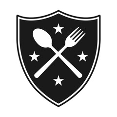 Shield, fork and spoon crossed icon. Coat of arms symbol. Restaurant heraldry logo sign. Vector illustration image.