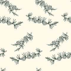 Vector seamless pattern with hand drawn fir branches with cones. Beautiful design elements, ink drawing. Perfect for prints and patterns for Christmas or New Year holidays season.