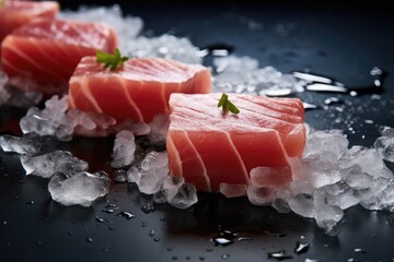 Slices Of Tuna Fish On Ice Cubes