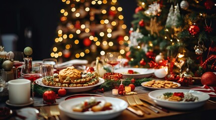 Festive Christmas dinner table with delicious food and snacks, new year’s decoration and tree in the background