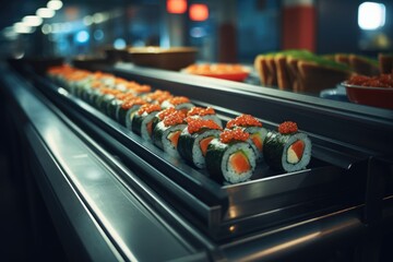Sushi Rolls Moving On Conveyor Belt. Сoncept Mountain Hiking Adventure, Beachfront Yoga Retreat, Urban Street Art Tour, Cooking Class With A Celebrity Chef