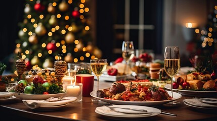 Festive Christmas dinner table with delicious food and snacks, new year’s decorations and Christmas tree in the background