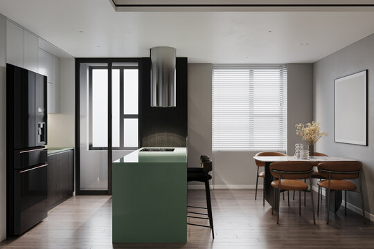 Open kitchen interior in modern style with green accents. 3D rendering