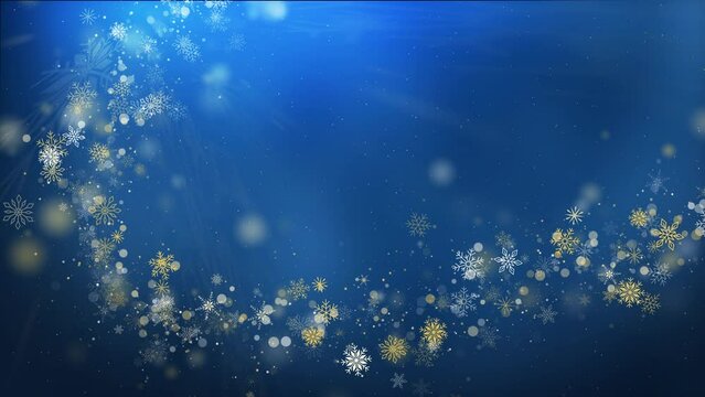 Blue festive winter illustration with animated gold and white snowflakes. Curved wavy New Year's frame. Looped motion graphics.