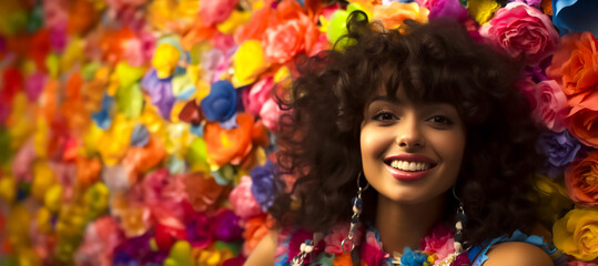Portrait of a beautiful African American young smiling woman with afro curly hair against a colorful floral background. Looking at the camera closeup. Banner with copy space