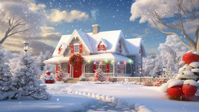 christmas decoration in the village in the snow with cartoon style. seamless looping time-lapse virtual video animation background.	