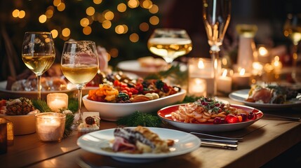 Festive Christmas dinner table with delicious food and snacks, new year’s decorations and Christmas tree in the background