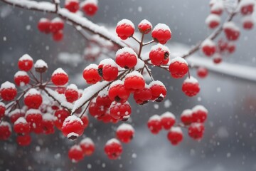 Fototapeta na wymiar autumn in the beautiful nature Frozen Berries Red berries of mountain ash on a tree in cold winter day during a snowfall. Hawthorn berries. Nature Christmas background