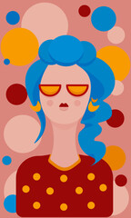 Simple vector drawing of a girl with bright blue hair and glasses on a beige and pink background with circles