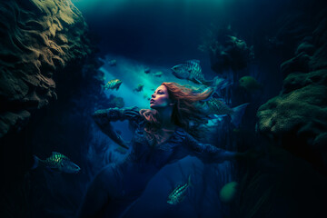 Fototapeta na wymiar Mermaid underwater, fantasy art. AI generative