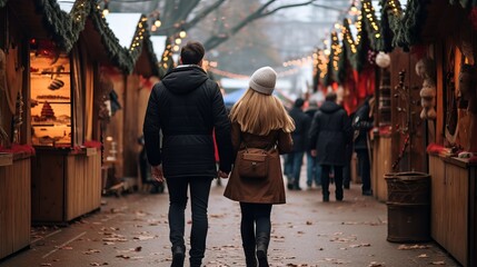 Happy couple strolling through festive Christmas market in winter