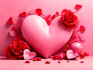 Valentine's day background with heart and rose flowers on pink background.IA generativa