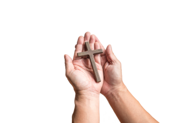 Hand holding a wooden crucifix cross. Isolated, transparent background.