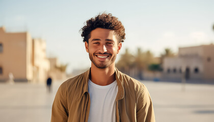 Young bearded Arab man in white T-shirt smiling and looking at the camera in the tropics