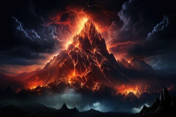 An awe-inspiring image of a mountain hit by lightning against the backdrop of the Milky Way galaxy by Generative AI