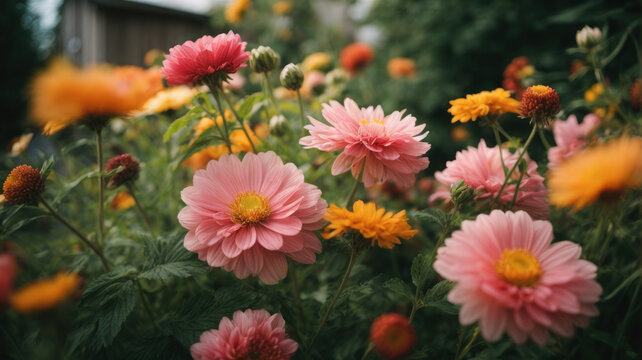 Red, Pink And Yellow Flowers In The Garden