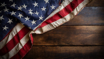 Close-up an old national flag of the United States of America, USA (American flag), on an old wooden table with copy space. Patriotism, Labor Day and Memorial Day concept. - obrazy, fototapety, plakaty