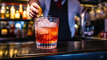 glass of whiskey on bar counter, Man bartender hand making negroni cocktail. Negroni classic cocktail and gin short drink with sweet vermouth, red bitter liqueur - obrazy, fototapety, plakaty