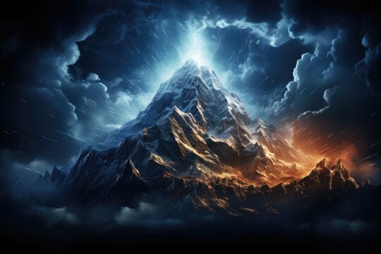 An awe-inspiring image of a mountain hit by lightning against the backdrop of the Milky Way galaxy by Generative AI
