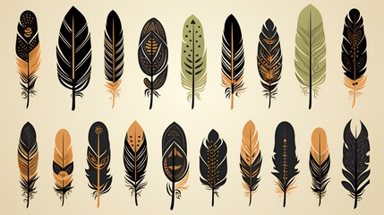 Elegant Collection of Stylized Feathers in Earth Tones on a Neutral Background