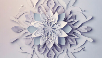 Illustration of Christmas motifs with paper cutouts and snowflakes in soft tones and peaceful lines