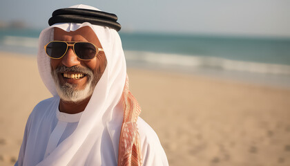 Portrait of an elderly Arab on the beach - obrazy, fototapety, plakaty