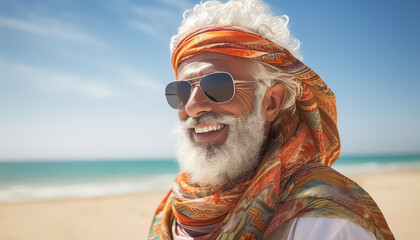 Portrait of an elderly Arab on the beach - obrazy, fototapety, plakaty