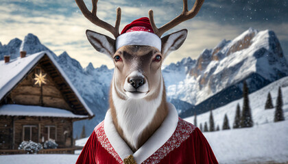 Ilustración del retrato de un reno vestido de santa Claus en un paisaje invernal en una época de invierno y de fiestas de Navidad  - obrazy, fototapety, plakaty