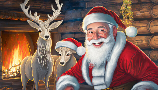 Illustration of Christmas motifs with a portrait of Santa Claus in a winter and happy atmosphere