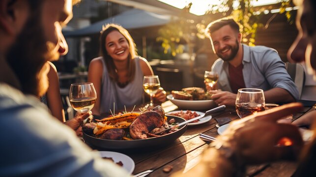 Happy Friends Enjoying Barbecue Food At Outdoor Restaurant Terrace