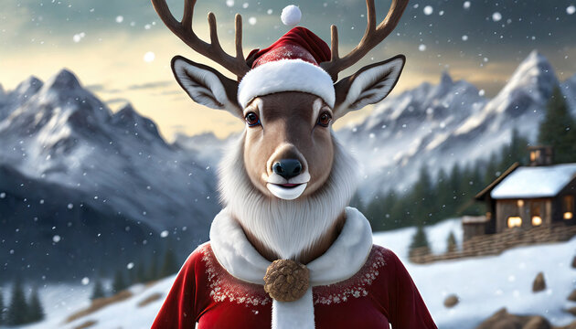 Ilustraci&oacute;n del retrato de un reno vestido de santa Claus en un paisaje invernal en una &eacute;poca de invierno y de fiestas de Navidad 