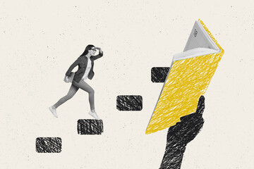 Artwork pop collage of funky girl running upstairs nerd addicted organize her time reading her plans in diary isolated on white background