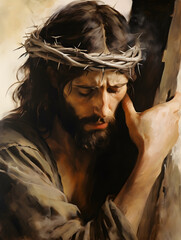 Jesus Christ carrying cross of suffering, symbolizing death, sacrifice and resurrection - obrazy, fototapety, plakaty
