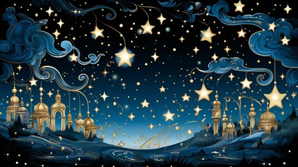 Enchanted Night Sky with Swirling Clouds, Shining Stars, and Golden Domes of Fantasy Cityscape
