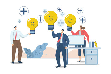 Optimism attitude or positive thinking, Emotional intelligence inspires happy co-workers and life, Happy business men and coworkers holding light bulb concepts smiling in a positive atmosphere.