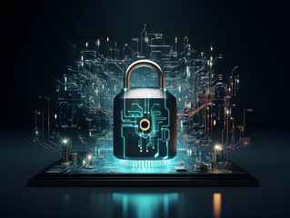 Lock with circuit pattern. Concept of data security, cybersecurity, cyber defense. AI generative